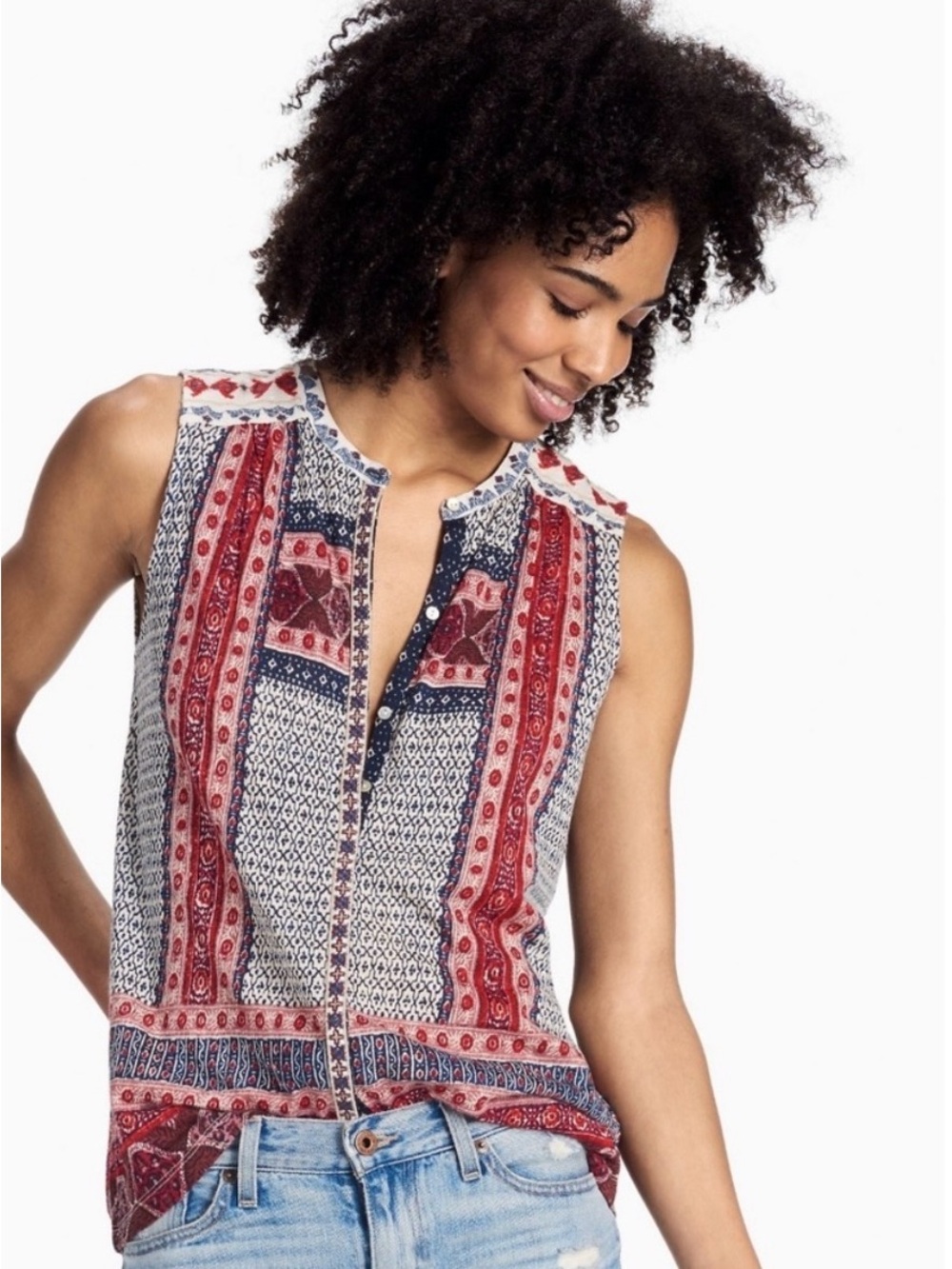 Lucky Brand Red & Navy Printed Sleeveless Boho Camisole-M